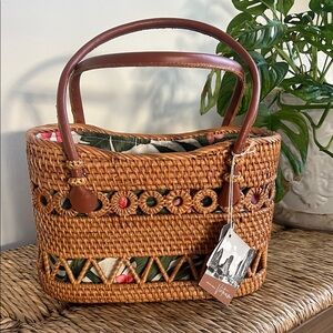 Handmade  Woven Rattan Handbag with Floral  Lining and Leather Straps. New